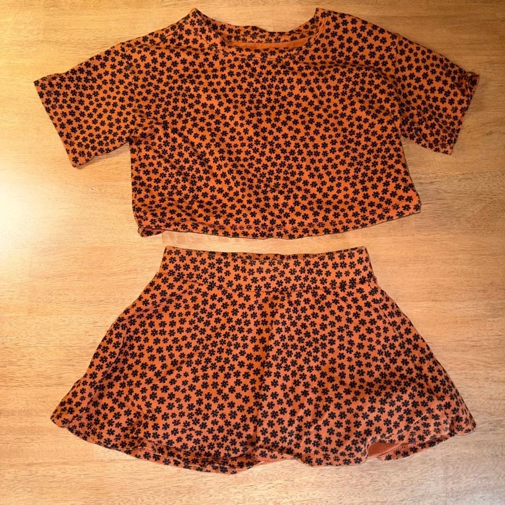 Girls Burnt Orange Black Floral Print 2 Piece Crop Top and Skater Skirt Set